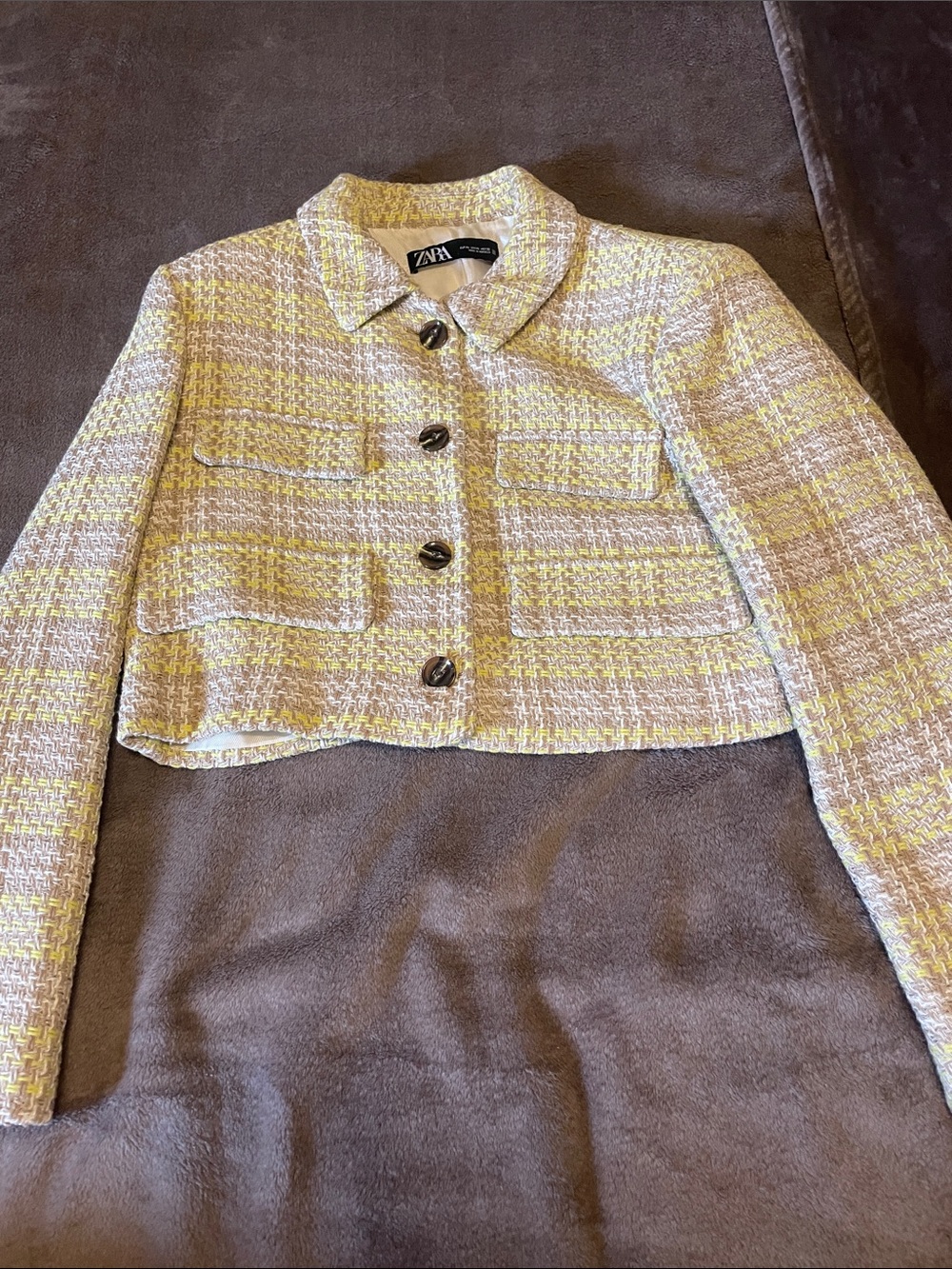 ZARA Cropped Tweed Blazer in Yellow and Cream Houndstooth